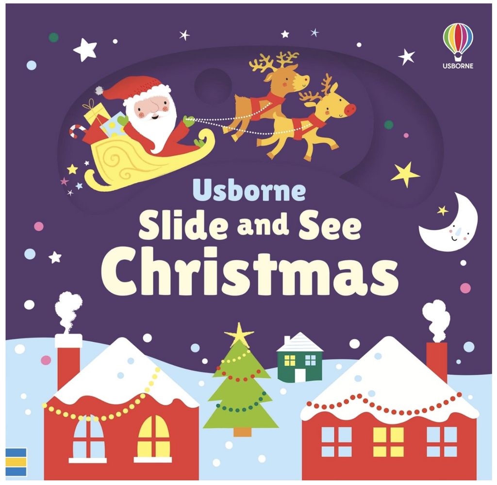 Illustrated cover of Slide and See Christmas with Santa Claus driving his sleigh over a cozy holiday village. 