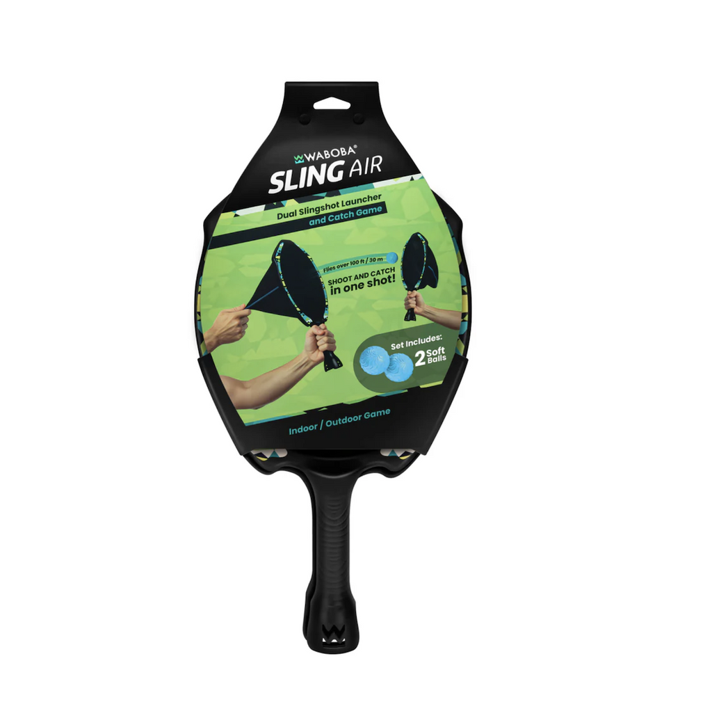 Slingair Slingshot paddles and balls packaged together featuring a picture of the paddles launching a ball into the air. 