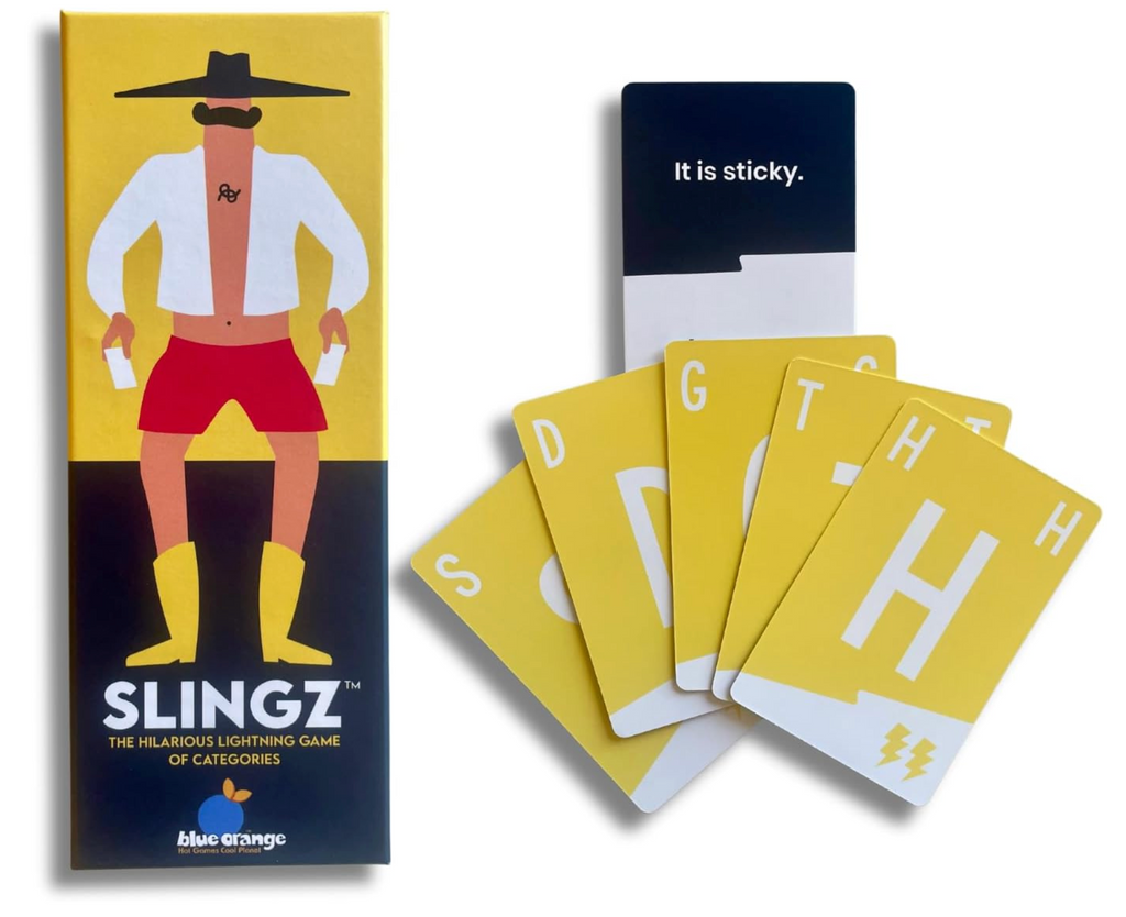 Slingz game box and a category card and five letter cards from the game. 