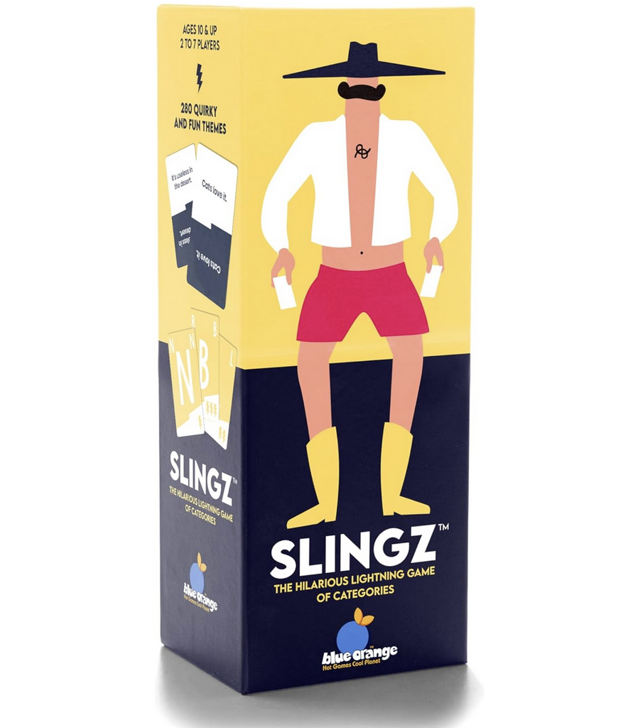 Slingz Game box with an illustration of a cowboy holding game cards at his sides. 