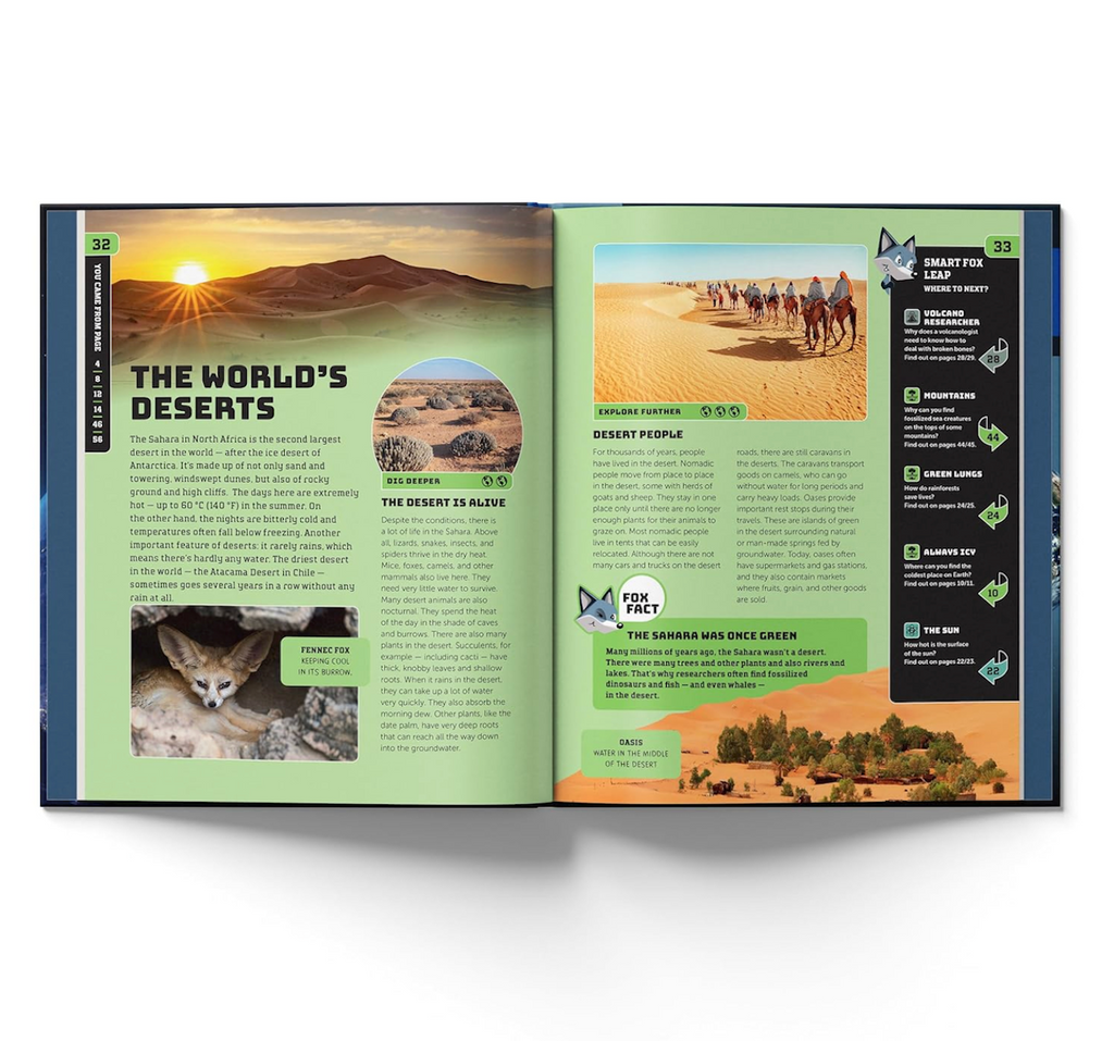 Smart Fox: Earth book open to two page spread all about "The World's Deserts" with photographs, fun facts and a Smart Fox Leap with suggestions of other topics to read and learn about. 