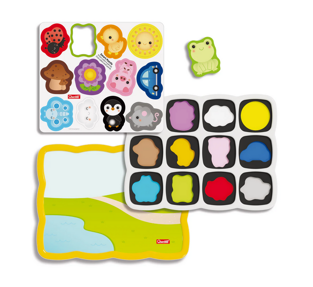 Graphic of puzzle pieces to pop out, shape sorter side of board, and landscape open play board.