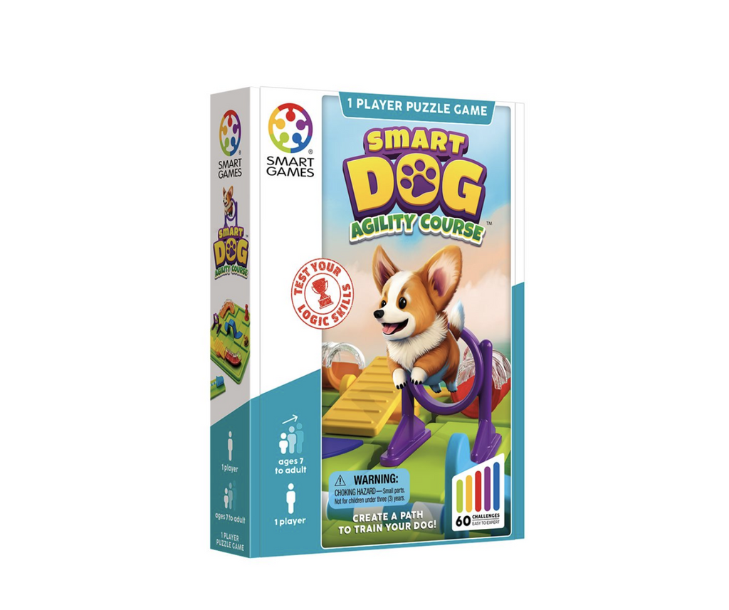 Smart Dog Agility Course single player game box features an illustrated corgi jumping through a purple hoop on an obstacles course.