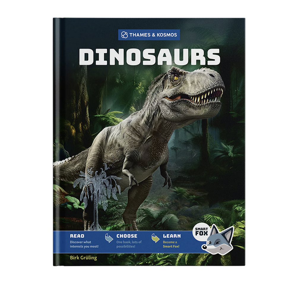 Cover of Smart Fox: Dinosaurs hardcover book featuring a ferocious looking T-Rex in the rain forest. 
