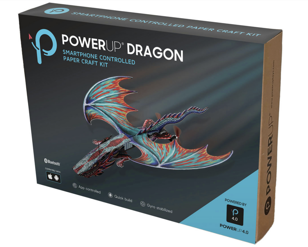 The PowerUp Dragon box with a picture of the paper dragon assembled and  ready to take flight on the front.