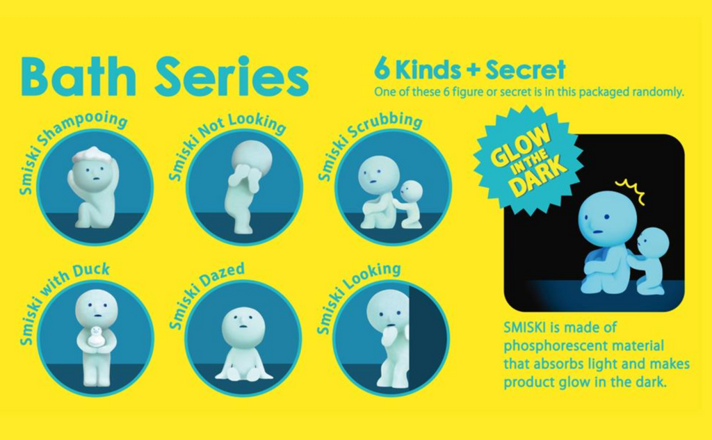 Various Smiski Bath series vinyl figures on a yellow background.