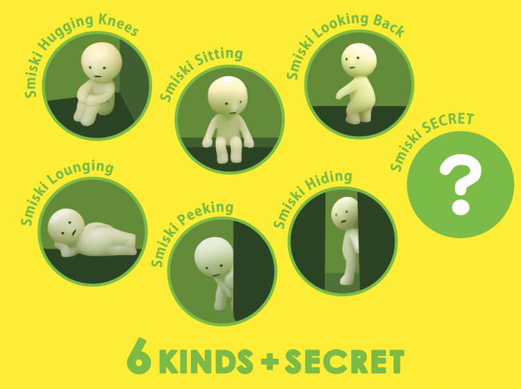 Smiski figures in various poses on a yellow background. Text reads "6 kinds plus secret."