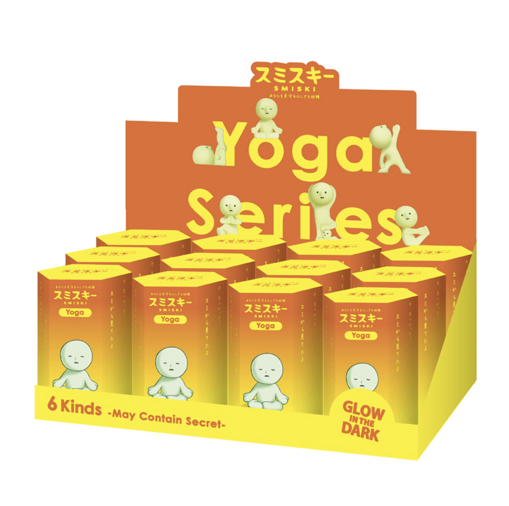 Display box of Smiski Yoga series blind boxes on a white background.