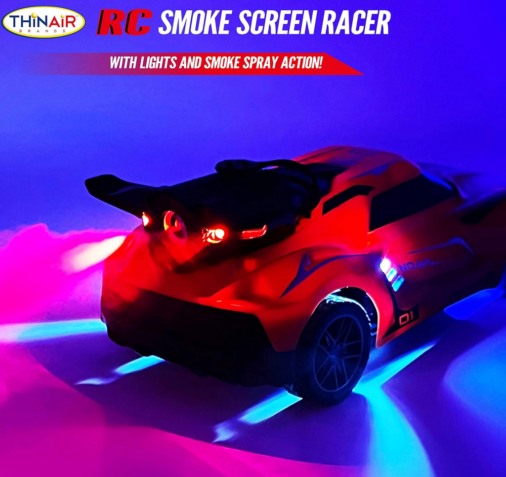 RC Smoke Screen Racer toy car with lights illuminated and smoke coming from the back the car.