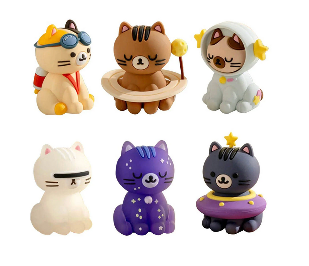 Set of six Astro Cats figurines each with a distinct space themed design. Sold individually blind box style. 