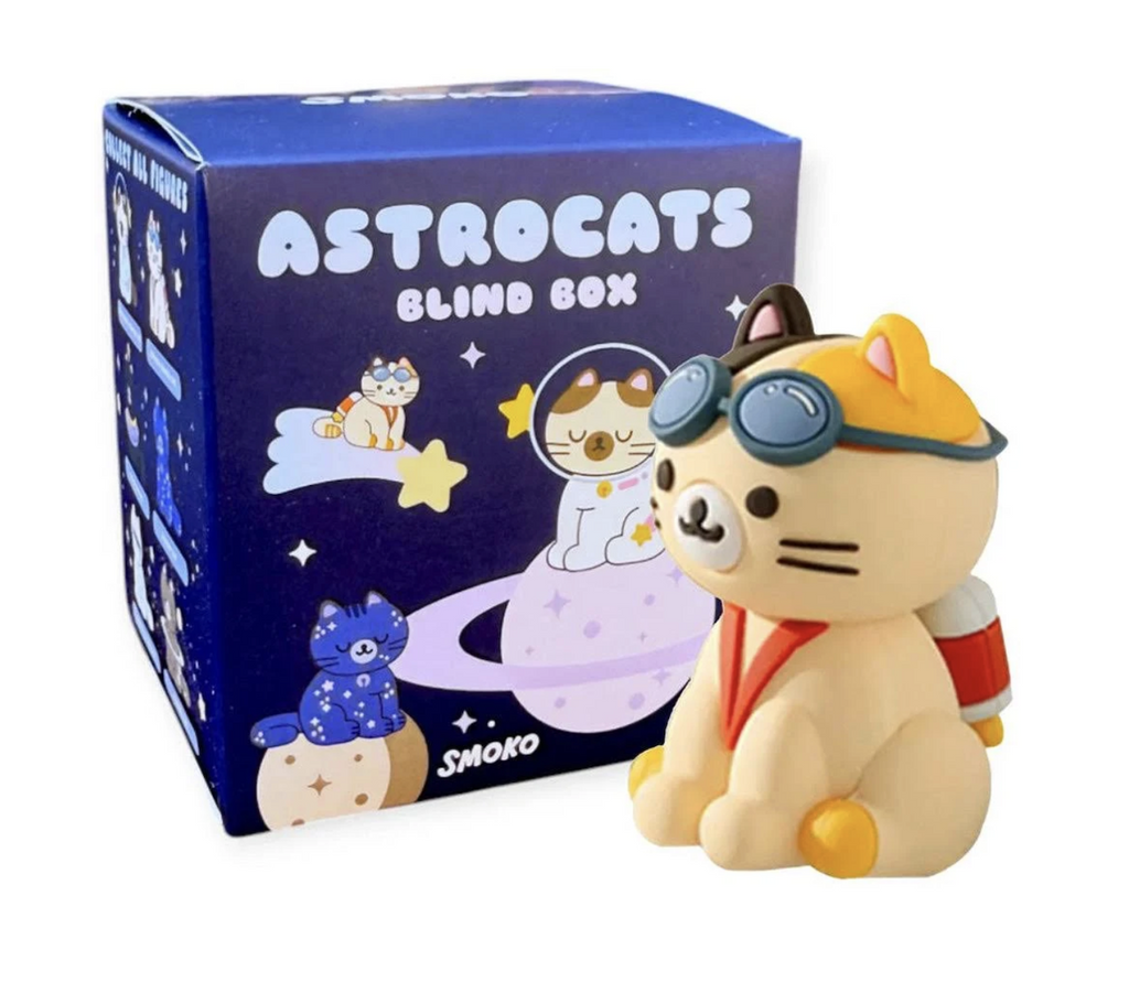 Astro Cats blind box figure with goggles, and jet pack sitting in front of the box that is dark blue with pictures of the different styles that can be found within the series. 