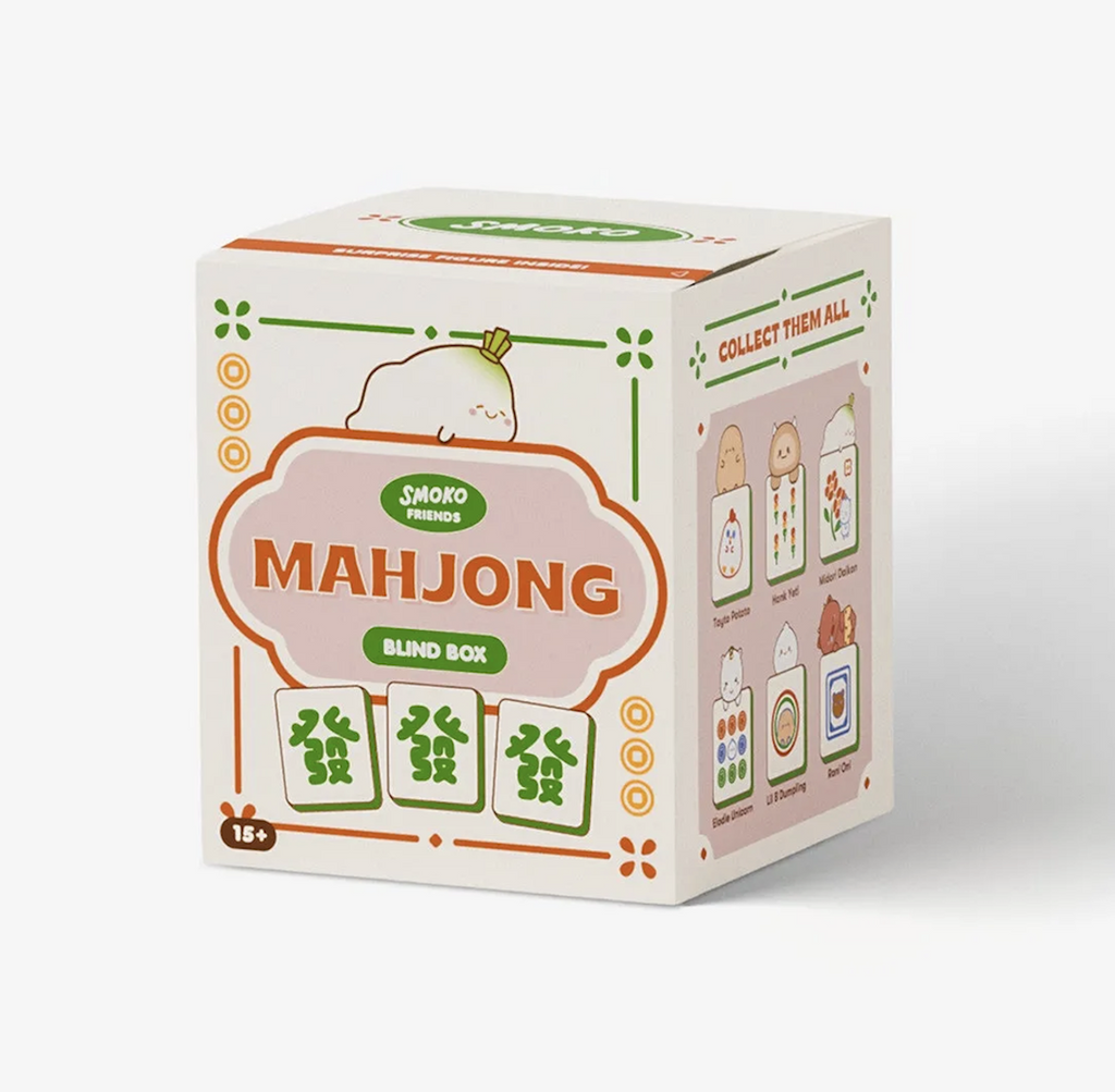 The Smoko Friends Mahjong blind box package with illustrations of Mahjong tiles on the front. 