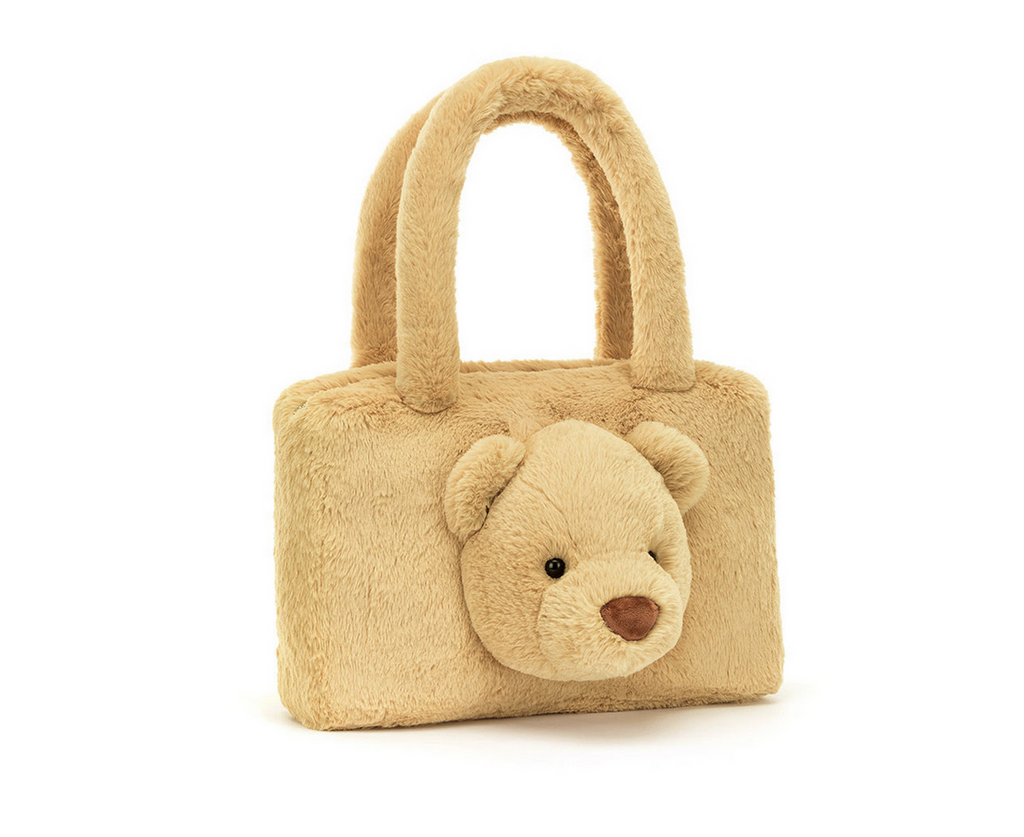 Brown plush tote bag with a 3d plush bear head on one side.