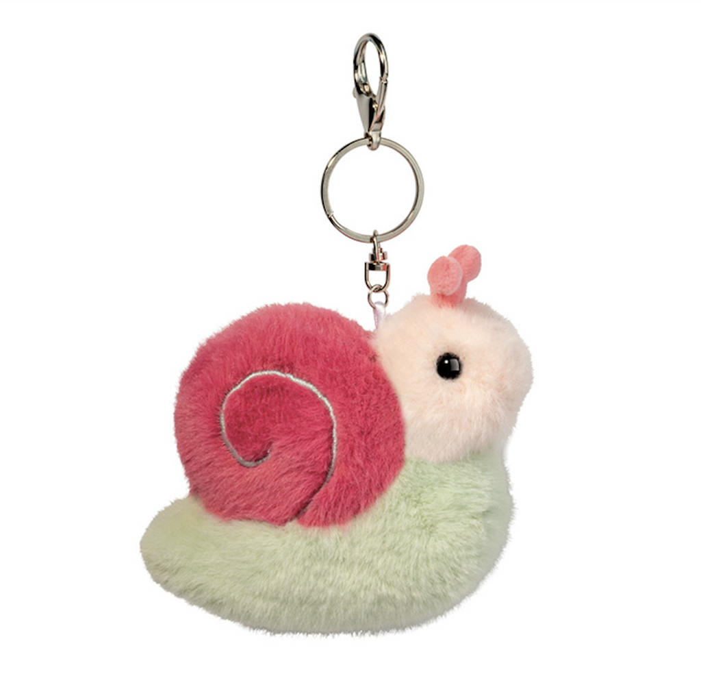 Sweet green snail with a ink swirled shell with a silver key ring and clasp. 