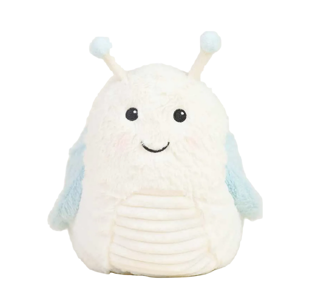 The cutest weighted snail stuffed animal with white body, blue shell and tips of the antennae. 