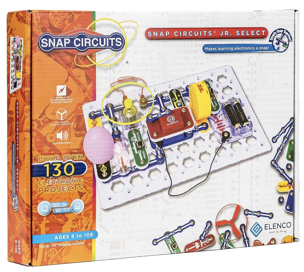 Snap Circuits Jr. Select set with a picture of one of the 130 projects from the set on the cover. 