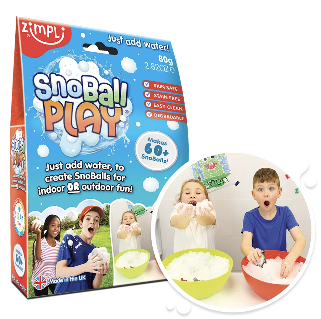 Snoball Play Pack illustrated with ictures of kids playing with the snow made with the kit. 