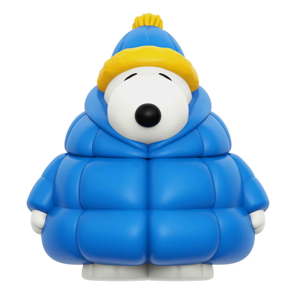 Vinyl Snoopy FunFun figure wearing a blue puffy coat with blue beanie that has a yellow brim and pom pom at the top.  