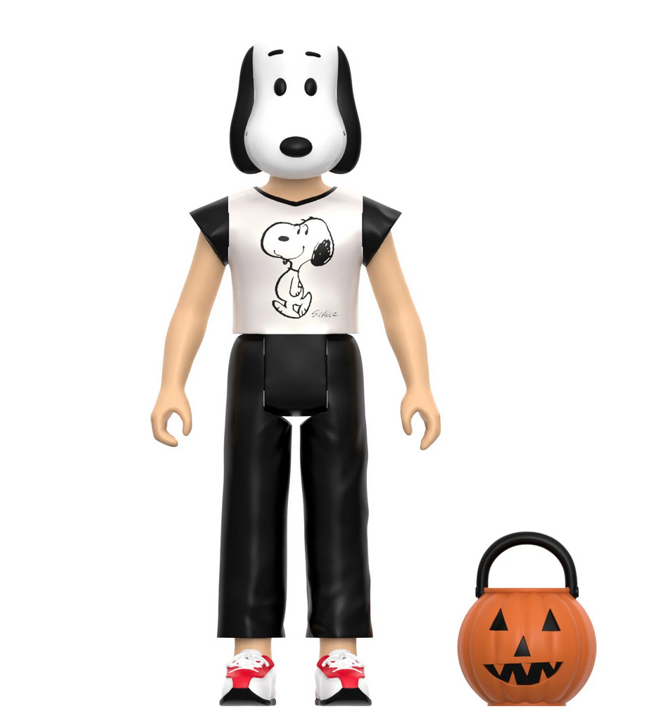 Close up of the Snoopy Boy ReAction figure with the included jack o lantern trick or treat bucket and the boy figure wearing a Snoopy mask. 