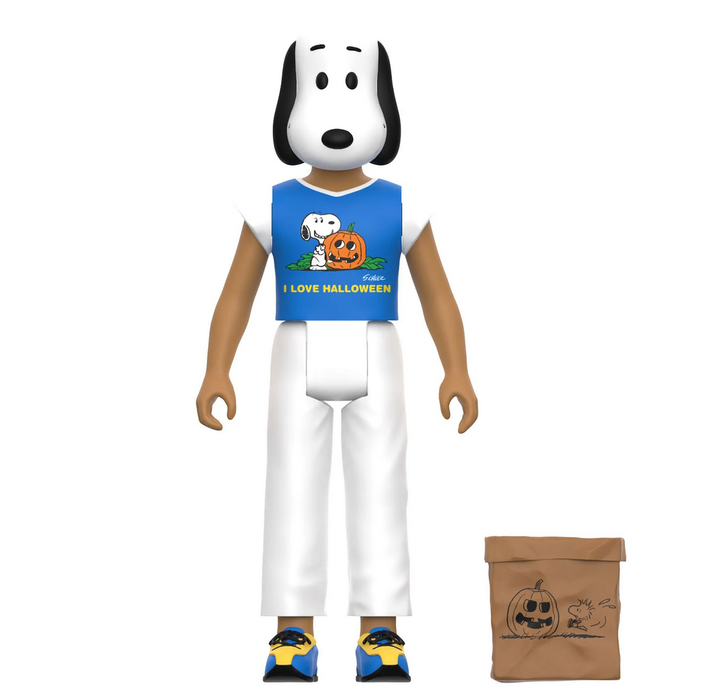 Close up picture of the Snoopy Girl Halloween Kids Reaction figure with the brown paper sack treat bag accessory. 