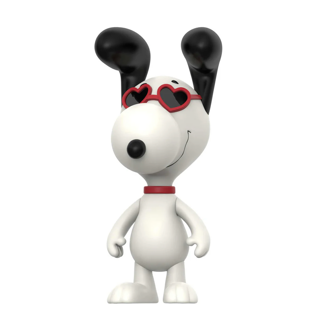 Vinyl Snoopy figure with a ed collar, ed heart shaped sunglasses and his long, black ears straight up in the air. 