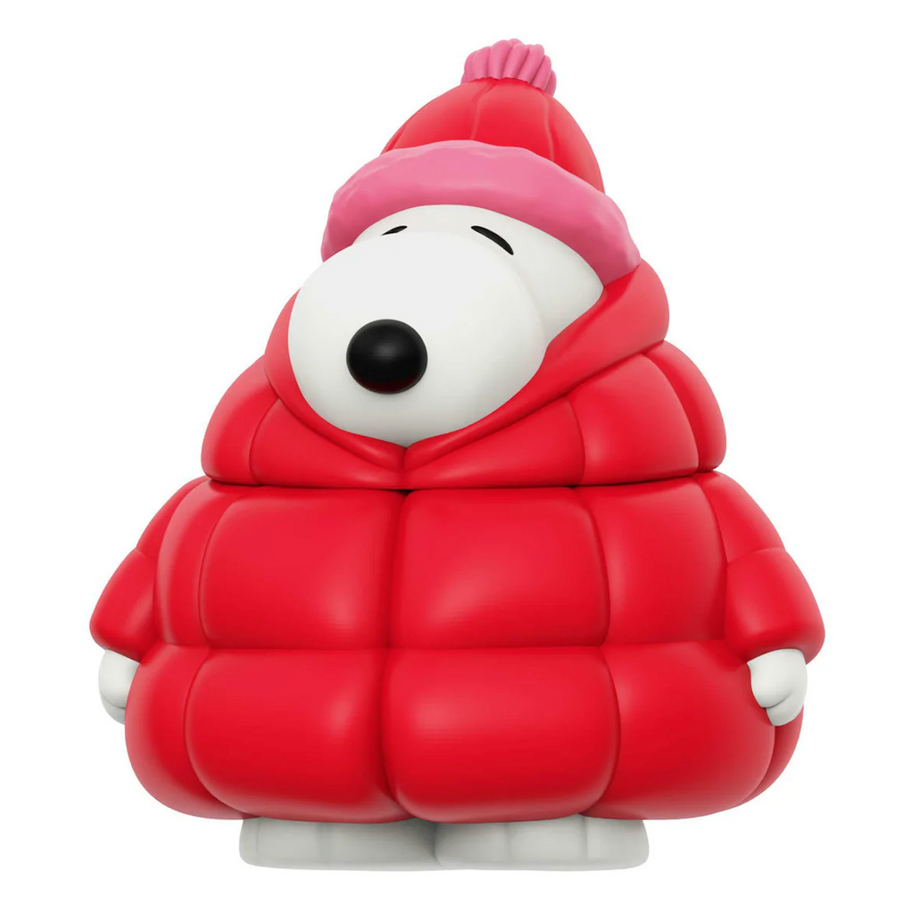 Vinyl Snoopy figure wearing a red puffy coat and matching red beanie with pink pom pom on the top. 
