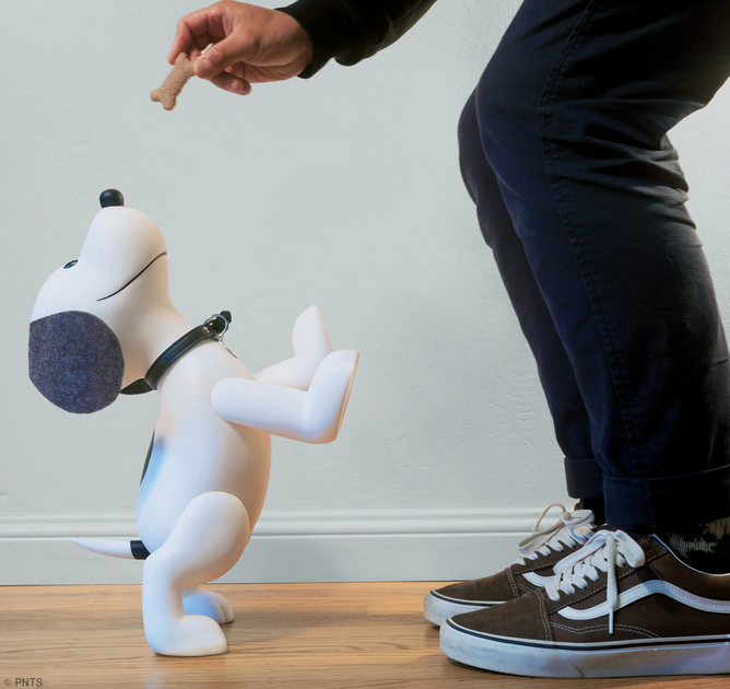 Supersize Snoopy figure standing on his hind legs for a treat. 