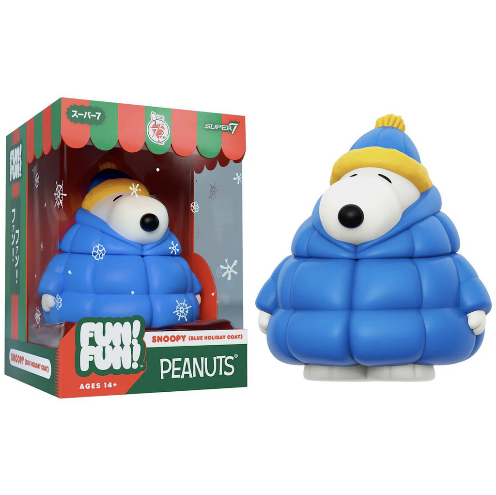 Fun Fun Snoopy figure packaged in a red and green striped box with a clear window at the front showing the vinyl Snoopy figure wearing a blue puffy coat with matching blue and yellow beanie. 