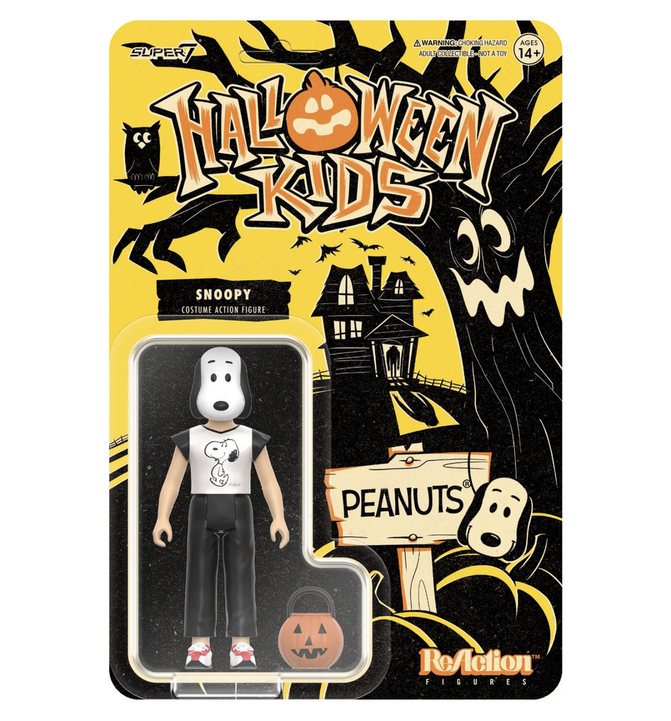 ReAction Figures Snoopy Boy figure packaged on an illustrated backing card with vintage Halloween graphics. 