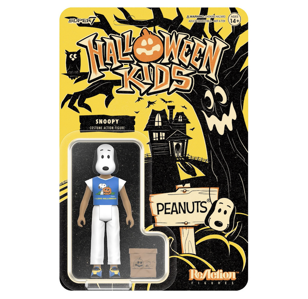 Snoopy Costume Halloween Kids Reaction figure packaged on a backing card with vintage Halloween graphics. 