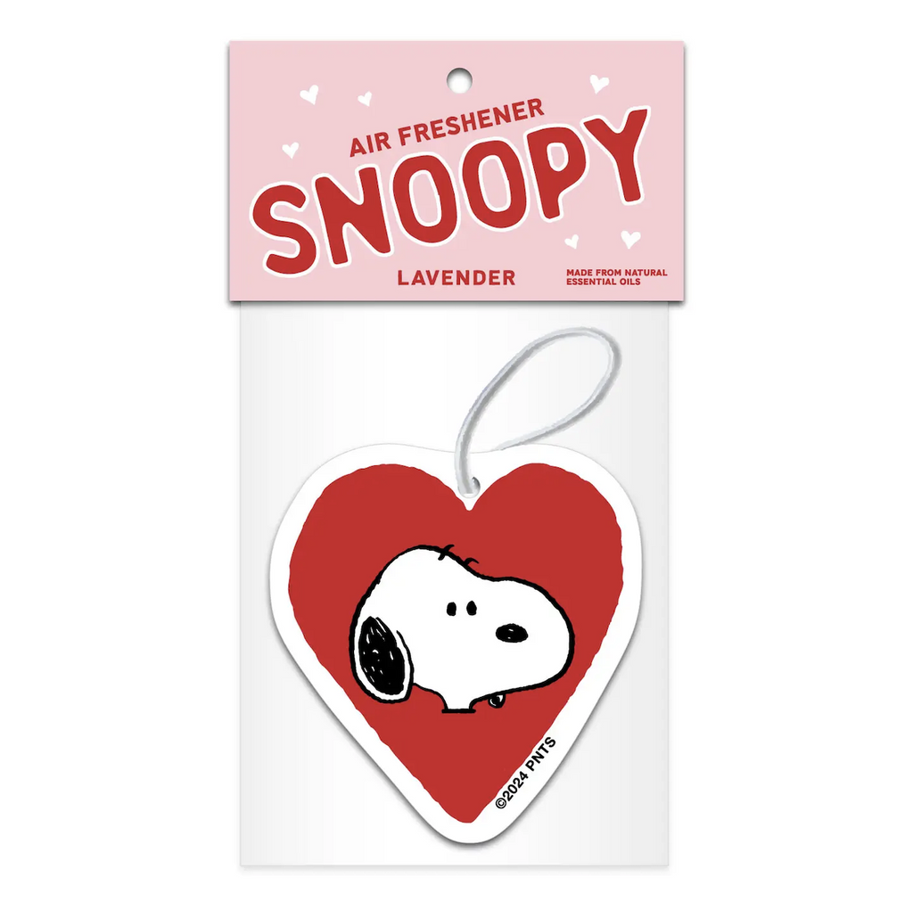 Heart shaped air freshener with Snoopy's face inside the red heart. Packaged in clear plastic with a pink header card that reads Air Freshener Snoopy. 