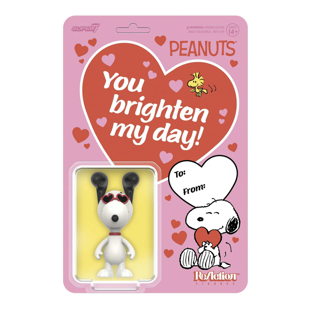 Snoopy Action figure wearing heart shaped sunglasses with his ears sticking straight up in the air. The backing card is pink with a red heart that reads "You brighten my day!" with a space to write "To" and "From" on the front and on the back is a cut out to make your own heart shaped sunglasses. 