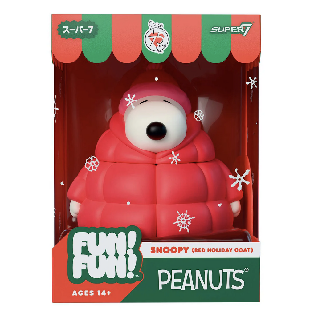 FunFun vinyl Snoopy figure wearing a puffy red coat and red beanie. Packed in a box with clear front with red and green stripes on the top and sides of box. 