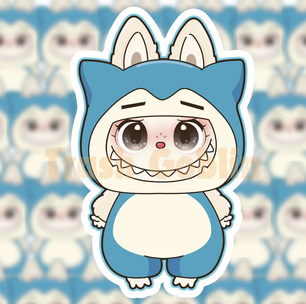 Die cut vinyl sticker of Labubu dressed as the Pokemon Snorlax. 