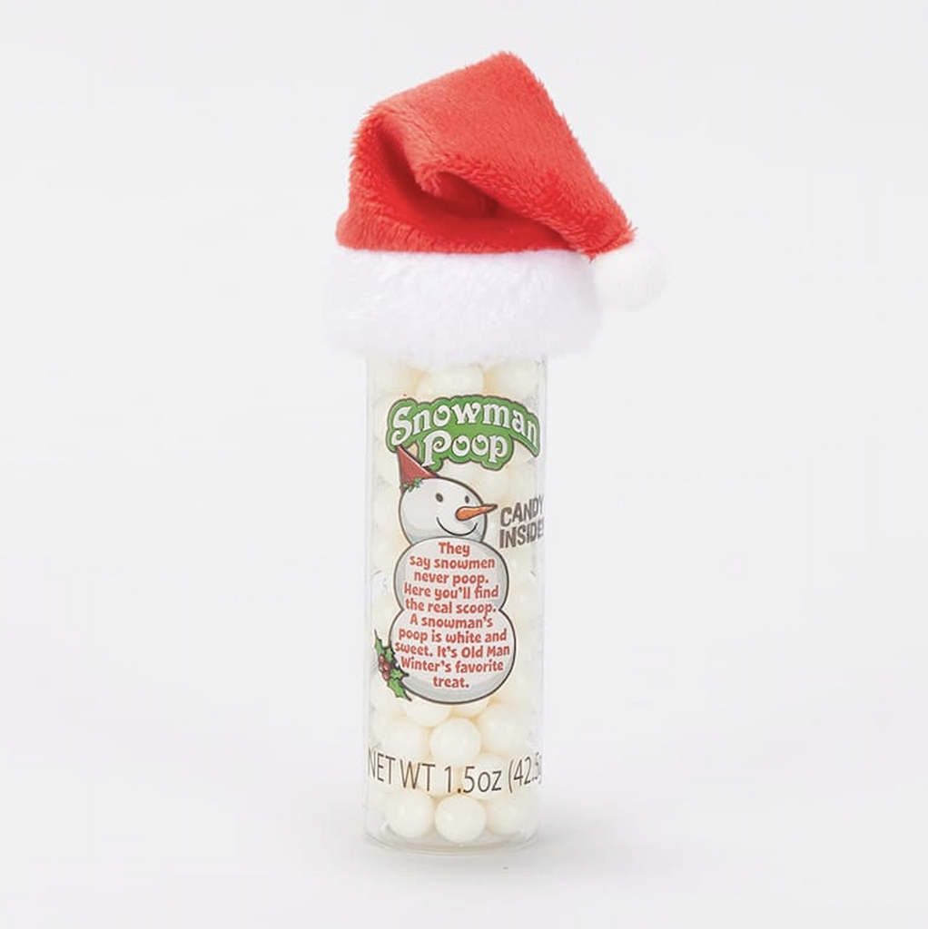 A clear tube filled with white candy pellets topped with a red and white Santa hat. On the front a drawing of a snowman with text that tells of the legend of Snowman Poop. 