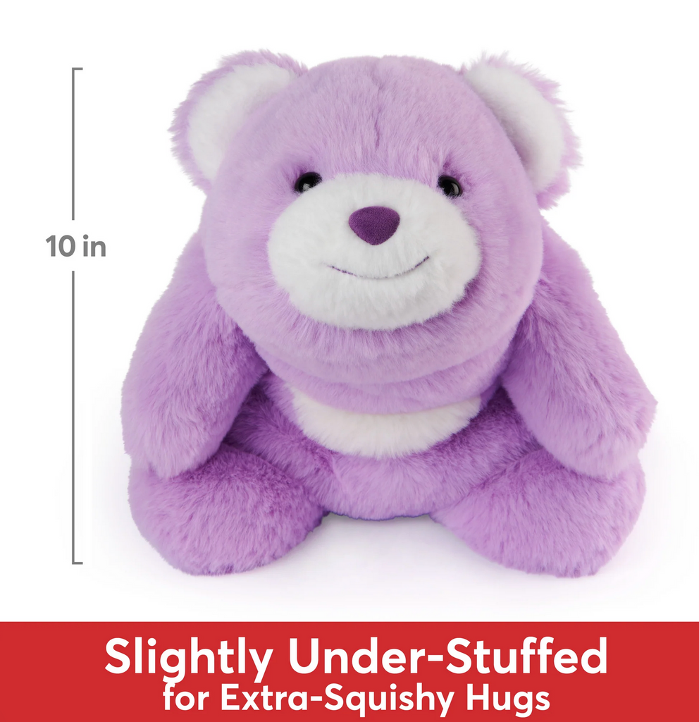 Graphic of Snuffles bear with text that reads: 10 inches tall, slightly under-stuffed for extra squishy hugs.