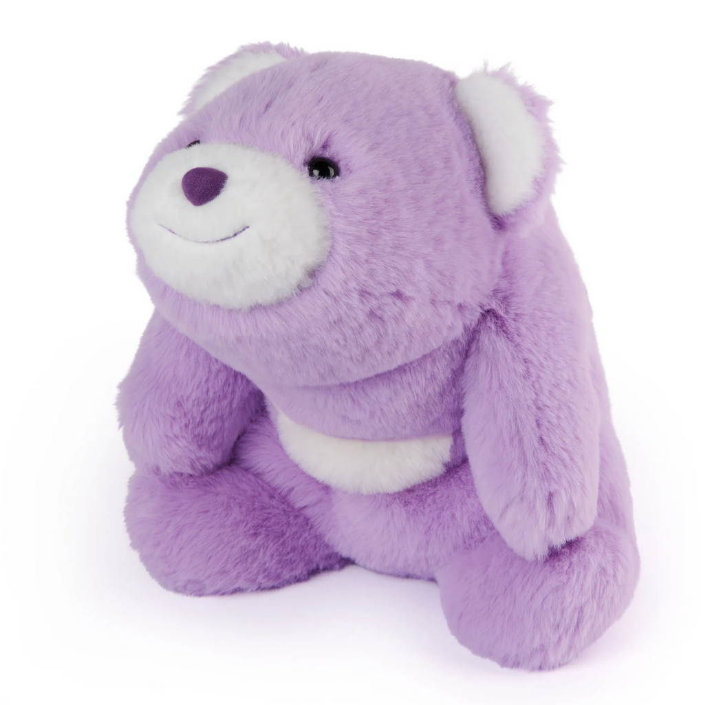 Lavender purple and white curved plush bear with a sweet smile.