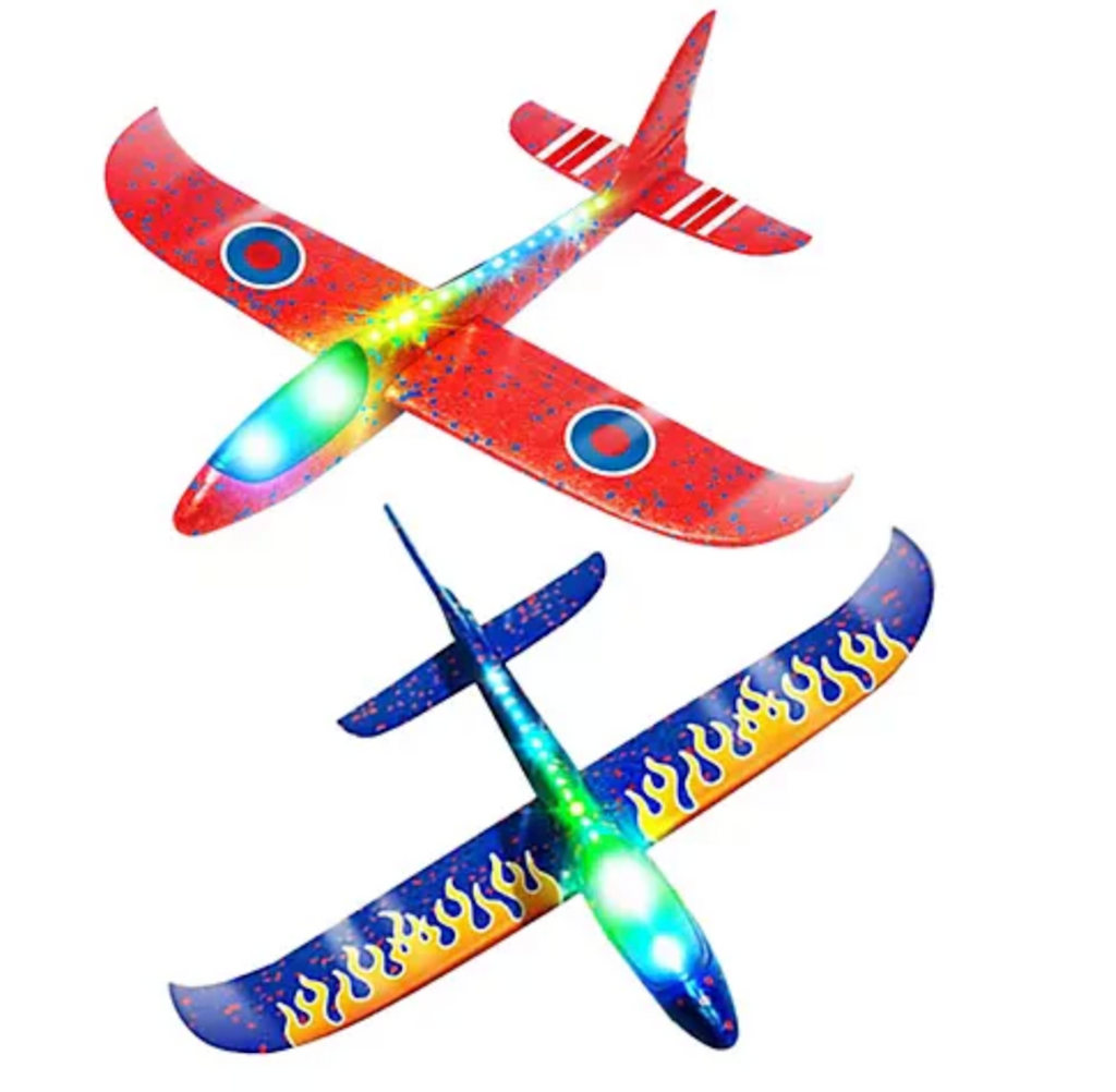 A red and blue Soaring Light Blaze Stunt Plane lit up and ready to fly. 