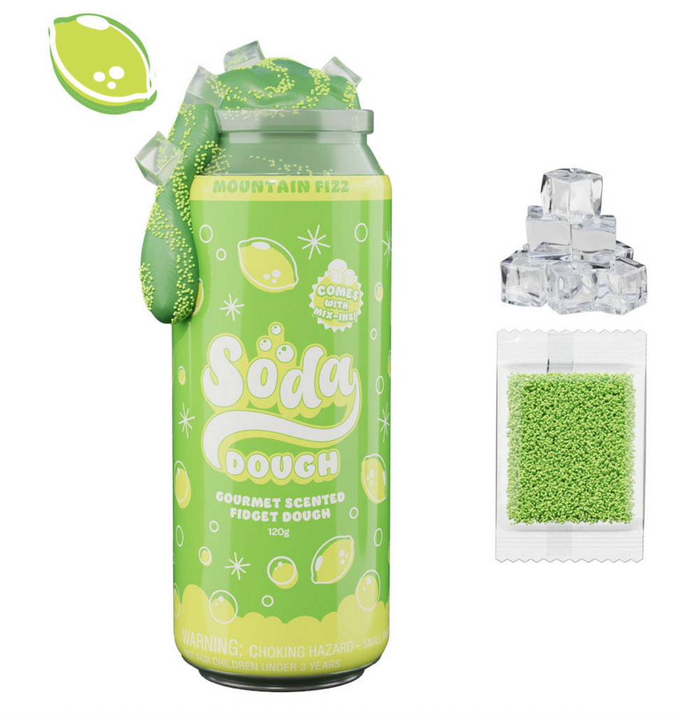 Mountain Fizz Soda Dough comes in a container that looks like a can of soda pop-and includes soft scented fidget dough, textured foam bead mix-in "carbonation" dough, and ice cubes.  