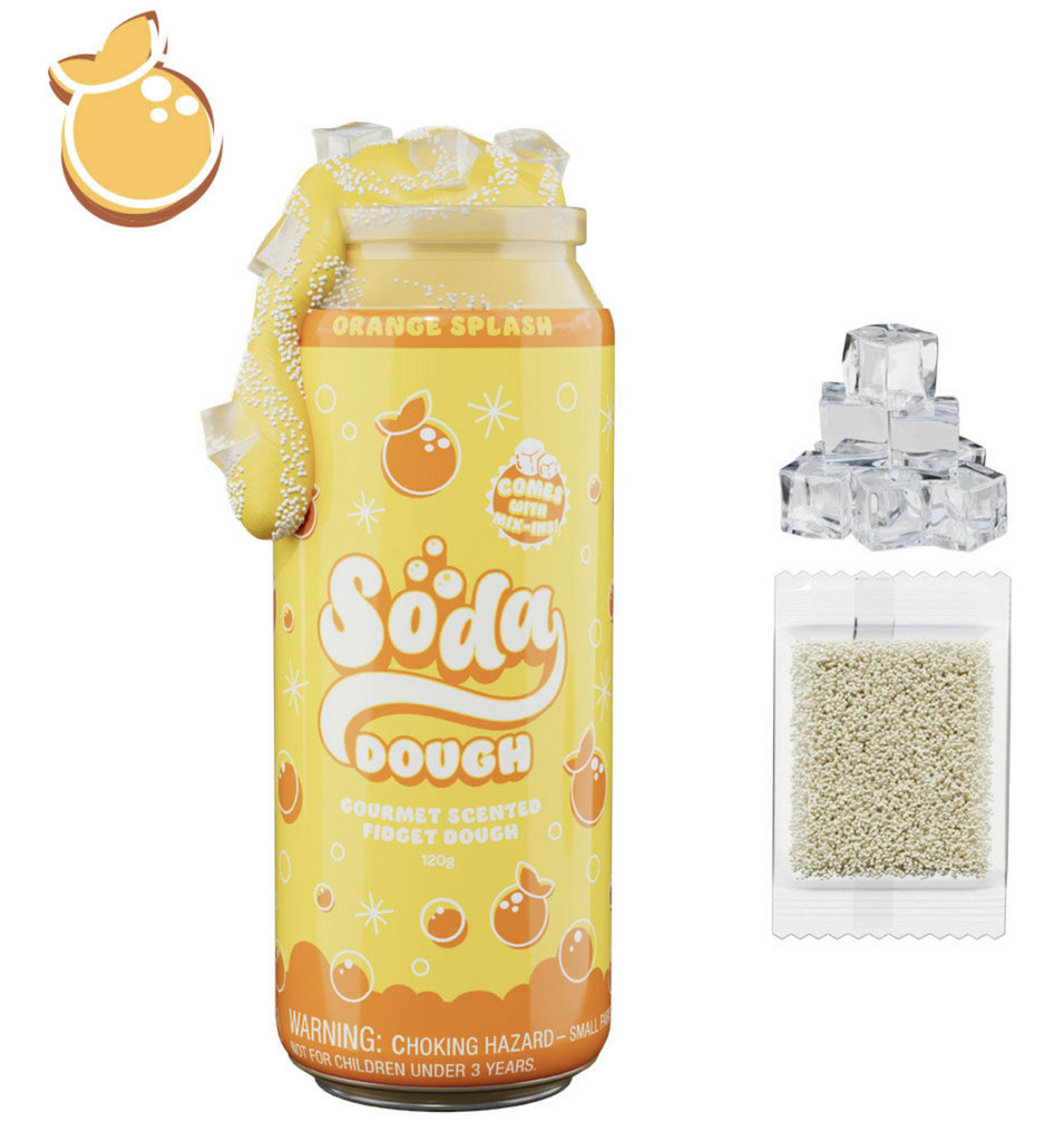 Ocean Splash Soda Dough comes in a container that looks like a can of soda pop-and includes soft scented fidget dough, textured foam bead mix-in "carbonation" dough, and ice cubes.  