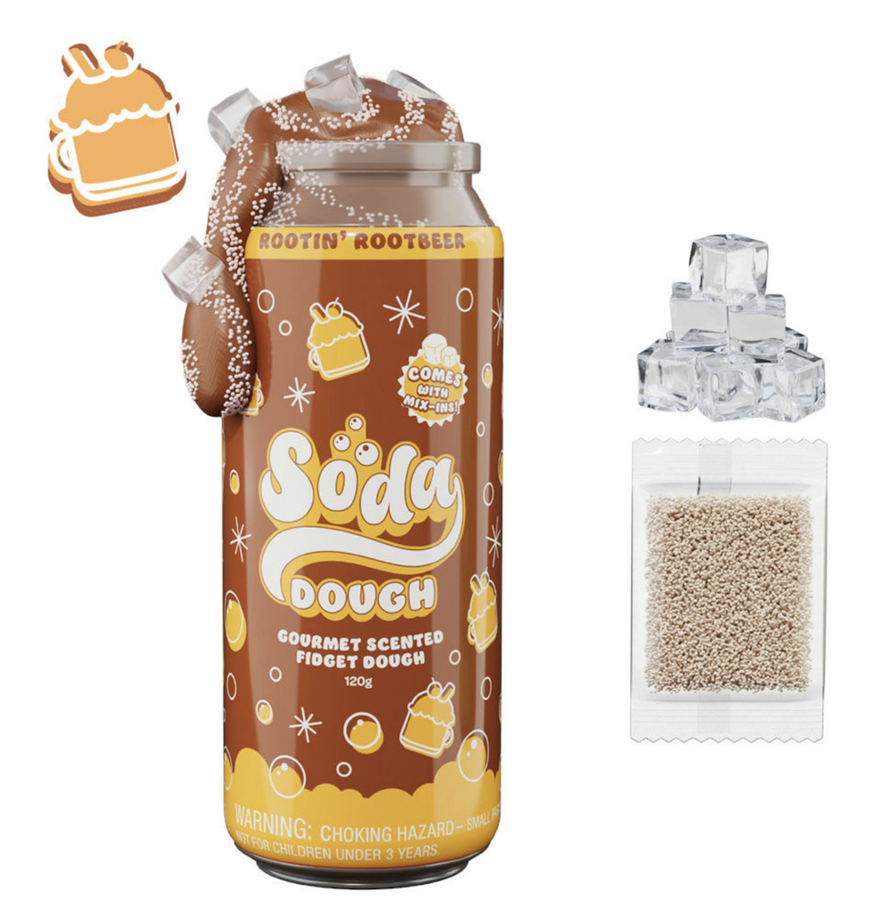 Rootin' Rootbeer Soda Dough comes in a container that looks like a can of soda pop-and  includes soft scented fidget dough, textured foam bead mix-in "carbonation" dough, and ice cubes.  