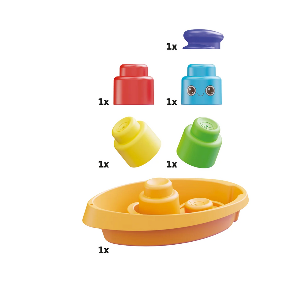 Different brightly colored soft blocks and boat bath toy on a white background.