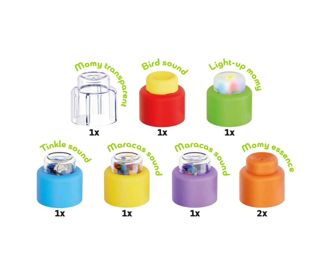 8 different styles of Momy Soft Sensory blocks features 1 each of transparent, bird sound, light-up, tinkle sound, maracas sound, and a soft block.