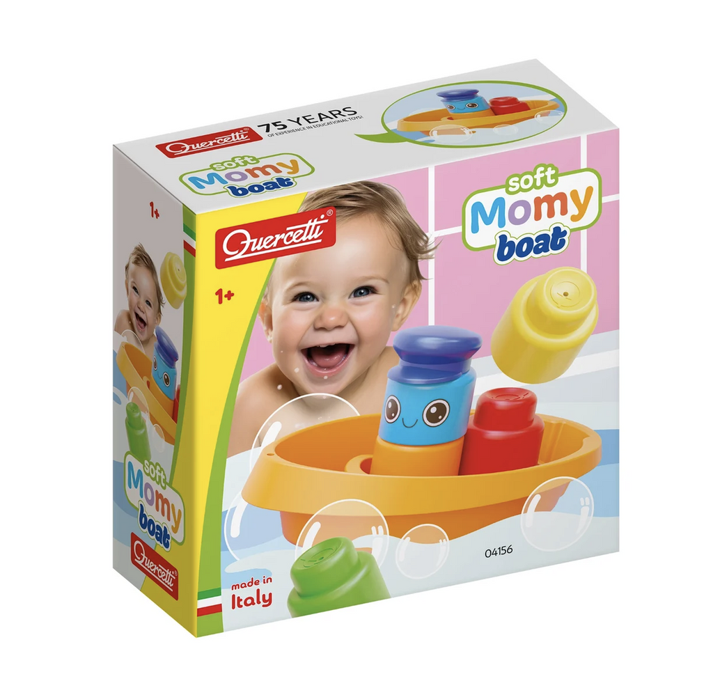 Box of Momy Soft Boat features a smiling baby near a bath tub with a floating boat bath toy.