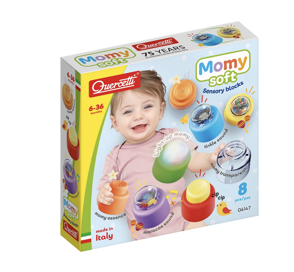 Box of Momy Soft Sensory Blocks features a smiling baby surrounded by 8 styles of soft blocks.