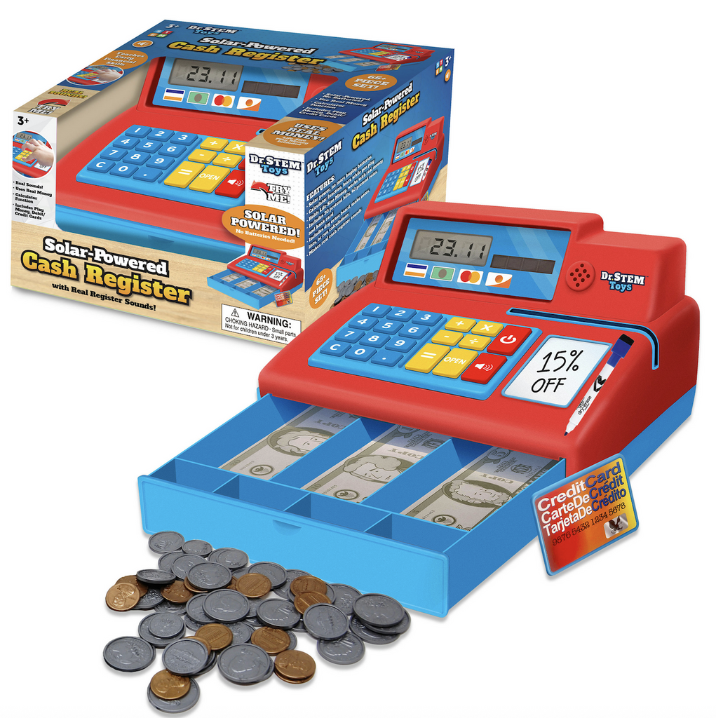 Toy red and blue cash register with the drawer open to show the play coins and bills inside. The pretend bank card is propped on the side of the register and a total of $23.11 is displayed on the digital screen. 