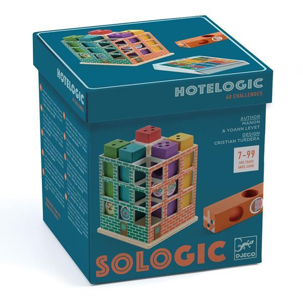 Blue box with images of the Hotelogic puzzle printed on it. 