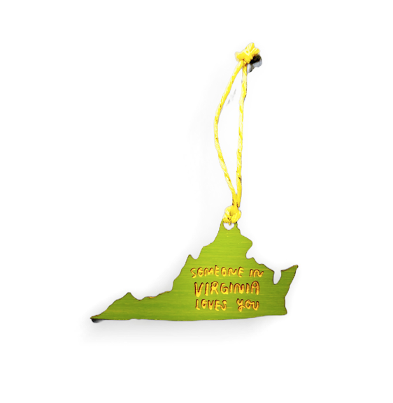 Laser cut olive wood ornament in the shape of the state of Virginia that reads "Someone In Virginia Loves You"