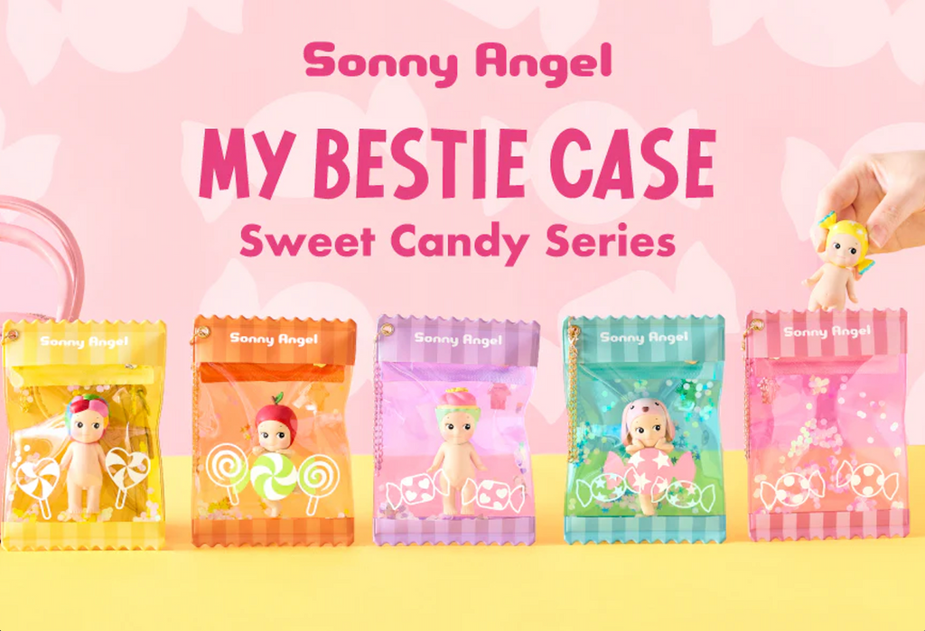 Sonny Angel My Bestie Case Sweet Candy series. The pouches are available in yellow, orange, purple, blue, and pink.