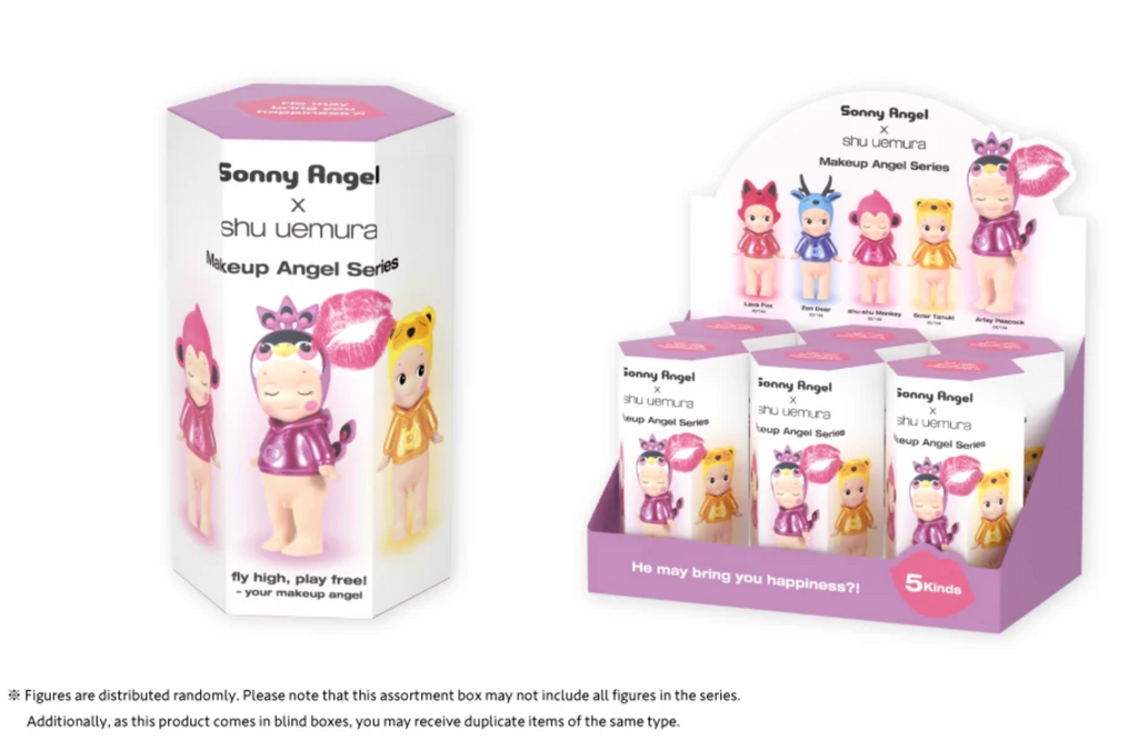 Image of 1 Sonny Angel Shu Uemura blindbox next to a display case of 6 figures on a white background.